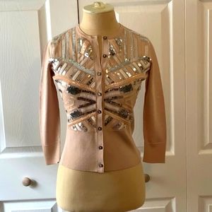 CACHE- Cardigan- XS- Bone with Bone and Silver Sequins- 8 Buttons- Banded Waist